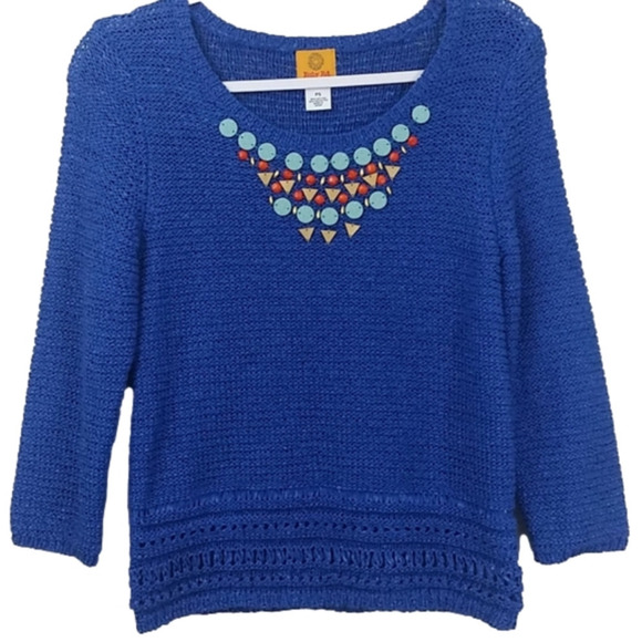 RUBY Rd. Petite Blue Beaded Embellished Scoop Neck Long Sleeve Knit Sweater - Picture 1 of 8